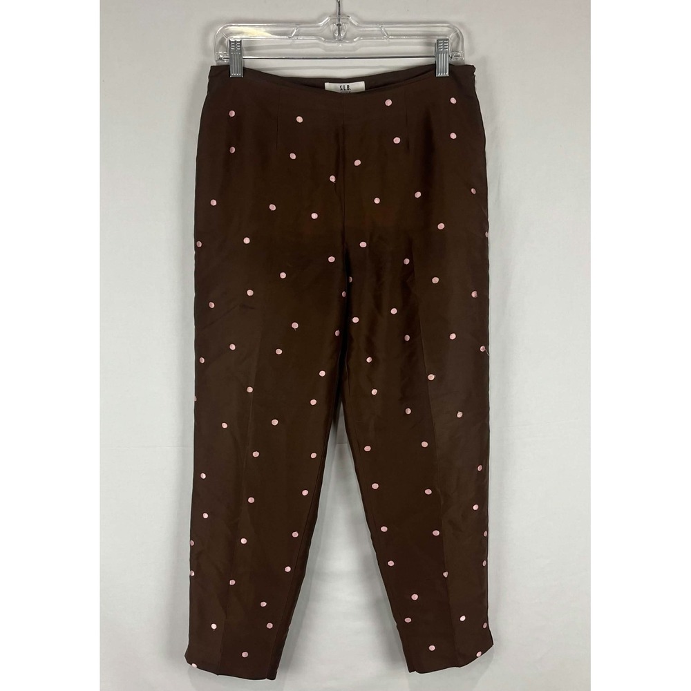 GUC SLB Petite Womens Brown 100% Silk Polka Dot Side Zip Dress Pants Size 8P